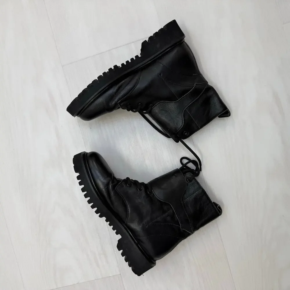 Valentino Black Leather Lace-Up Boots with Gold V-Buckle